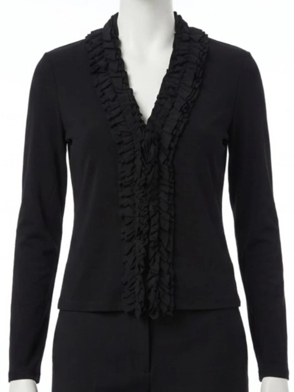 DKNY Women's Blouse Size Medium Black Ruffle V-Neck Long Sleeve Top